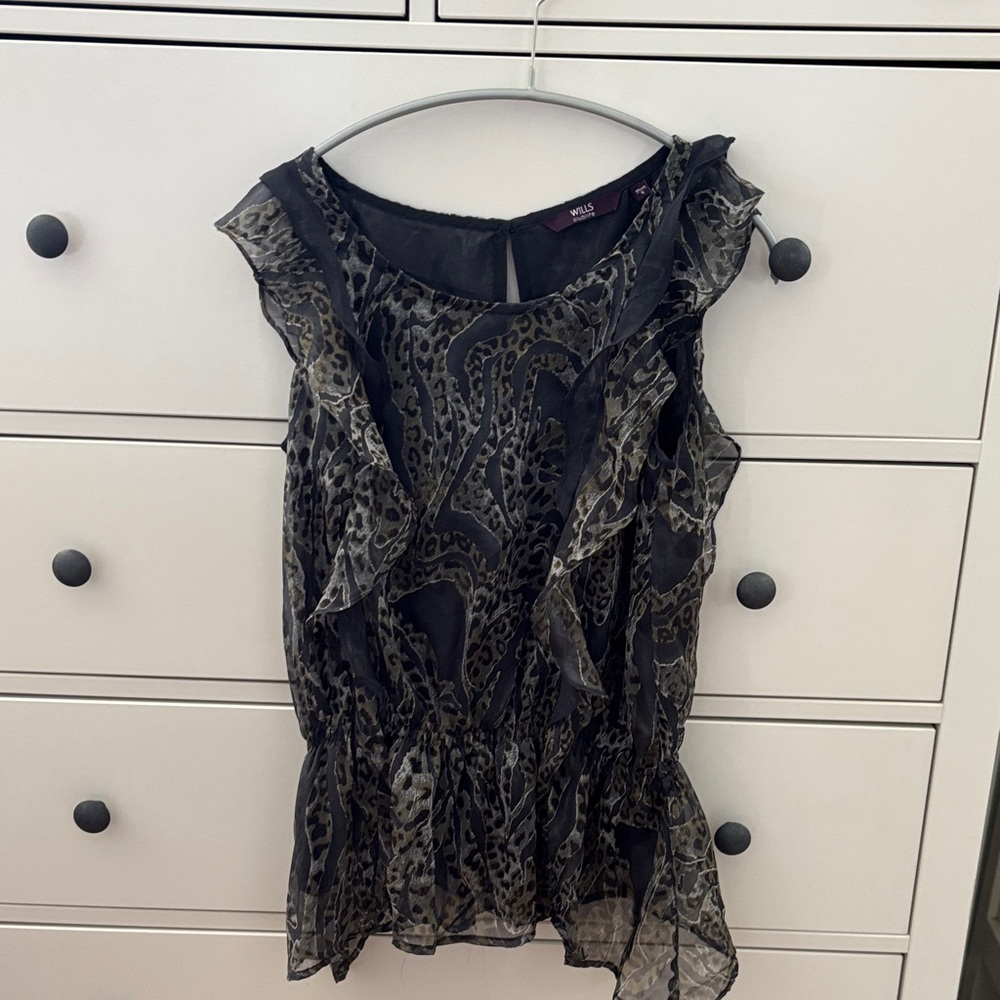 Black & Olive Ruffled Sleeveless Blouse